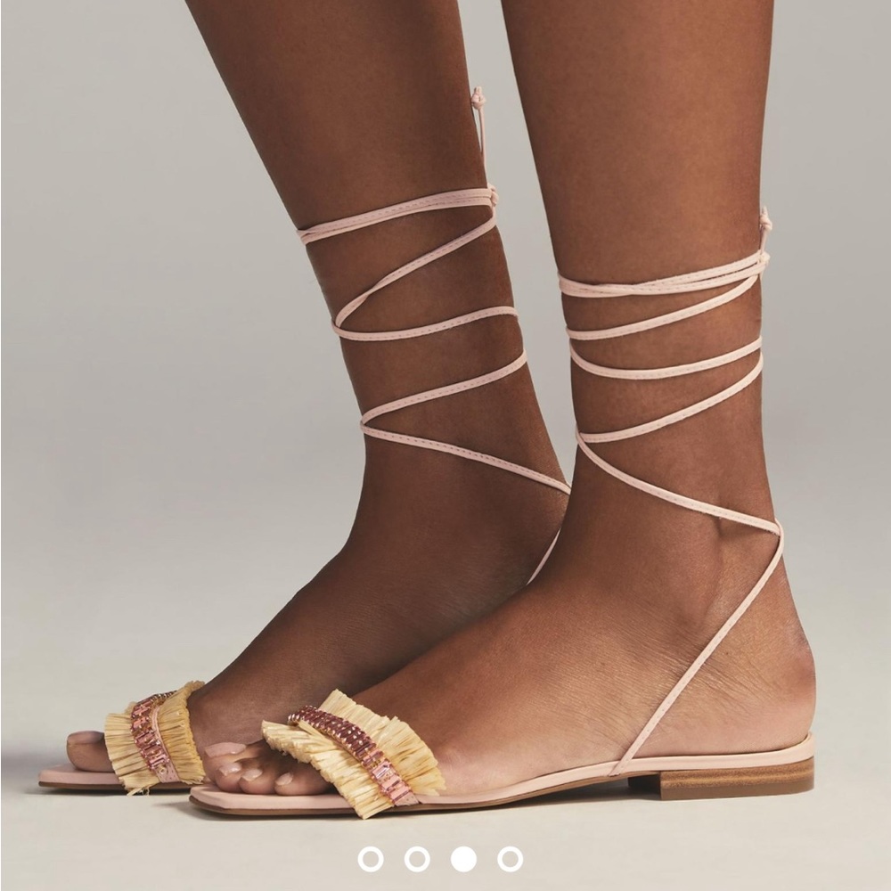 Anthropologie Embellished Tie Up Pink/Rose Raffia Square Toe Sandals size 36